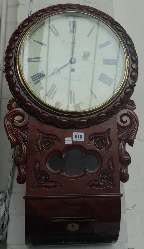 A mahogany cased drop dial wall clock, 19th century, the 12 inch painted tin dial detailed 'Simmons Fareham', with central glazed pendulum aperture, c