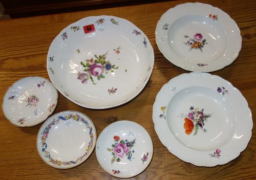 An 18th century Vienna porcelain dish decorated with flowers against a relief moulded white ground, 27.5cm diameter, together with two 18th century Be
