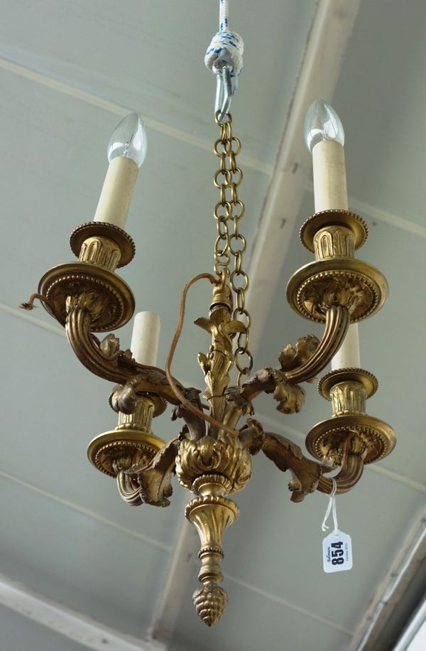 A pair of French ormolu four branch chandeliers, 20th century, each with acanthus cast branches and fruit finial, 37.5cm diameter (2).