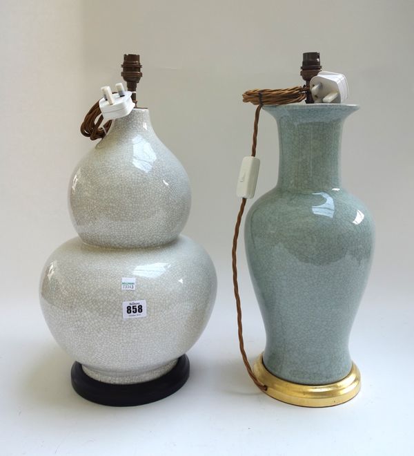 A modern Chinese style pottery table lamp, with off-white crazed decoration against a double gourd body, 43cm high, and another modern Chinese style c