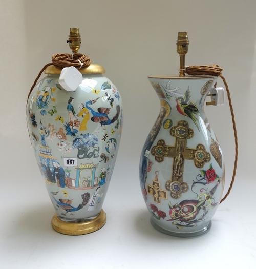 A decalcomania glass table lamp, modern, of ovoid form, chinoiserie decorated on a circular giltwood foot, 42cm high excluding fitments, together with
