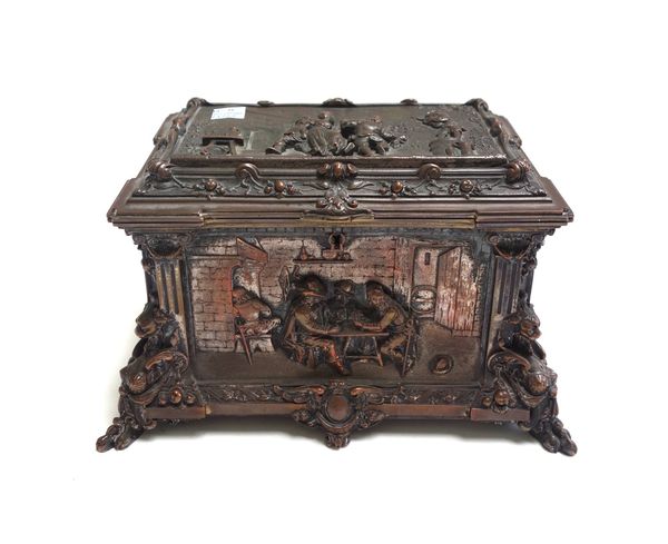 A Dutch bronze casket, late 19th century, relief cast to each panel with 19th century figural scenes, with Corinthian column supports, on lions paw fe