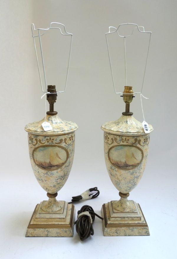 A pair of modern table lamps, each of urn form, painted with a seascape in a gilt oval cartouche against a mottled cream ground, on a stepped square f