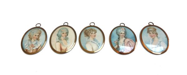 A late 19th/early 20th century Continental portrait miniature on ivory of a fashionable woman in 18th century style dress, signed 'TE', 7cm; and four