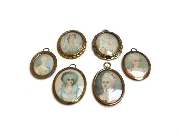 A late 19th/early 20th century Continental small portrait miniature on ivory of a fashionable woman Mlle Hussey, 5cm; and five others similar (6).
