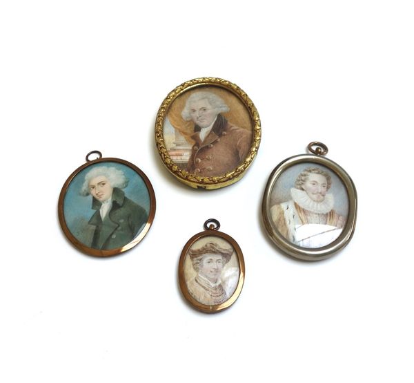 A late 19th Continental large portrait miniature on ivory of James I, 14cm; and three other similar miniature portraits of men (4).