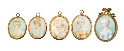 A late 19th/early 20th century Continental portrait miniature on ivory of a fashionable woman in 18th century French style dress, 5cm; and four others