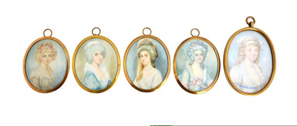 A late 19th/early 20th century Continental portrait miniature on ivory of a fashionable woman in 18th century style dress, 8.5cm; and four others simi