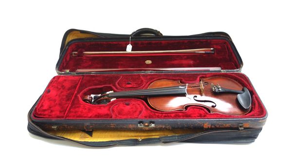A violin, interior paper label reads 'made by W M Knaggs, Toronto, 1912, No79',14 inches minus button, with a bow, hardcase and canvas cover.