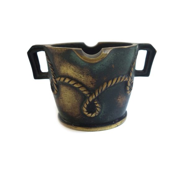 Max Le Verrier (1891-1973), a bronze two handled bowl of small proportions, with two spouts and a relief cast ropetwist design to the green patinated
