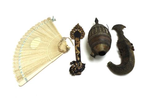 A Continental ivory fan, 19th century, with foliate and pierced carved detail (a.f), 26.5cm, a metal bound coconut, possibly a pipe or storage vessel,