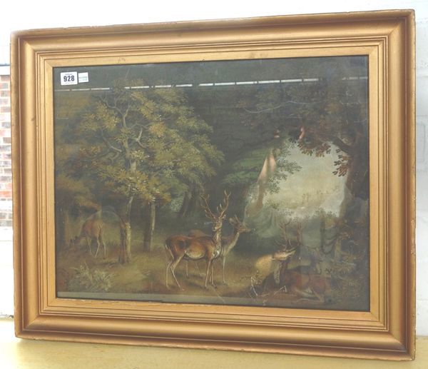 A Victorian sand picture depicting a stag and deer against a woodland backdrop, in a giltwood frame, 54cm x 41cm.