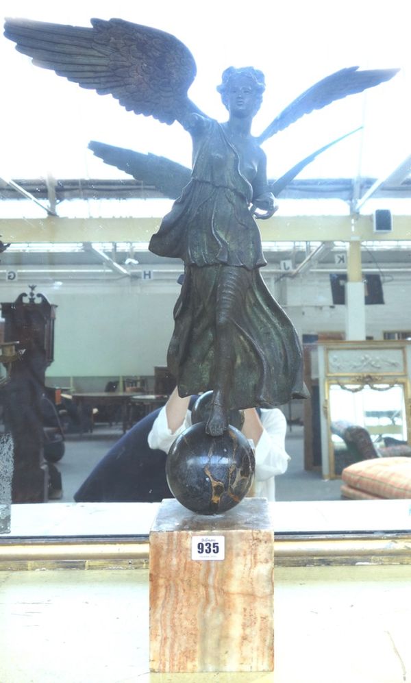 A 19th century bronze figure of a 'Winged Victory' of typical form, on a marble sphere and square plinth, (a.f), 67cm high.