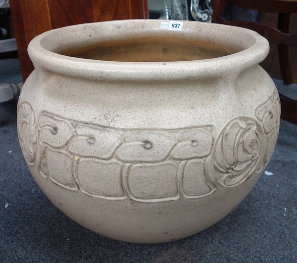 A large stoneware jardiniere, early 20th century, incised with an Art Nouveau band and interspersed with foliate roundels, after a design by Archibald