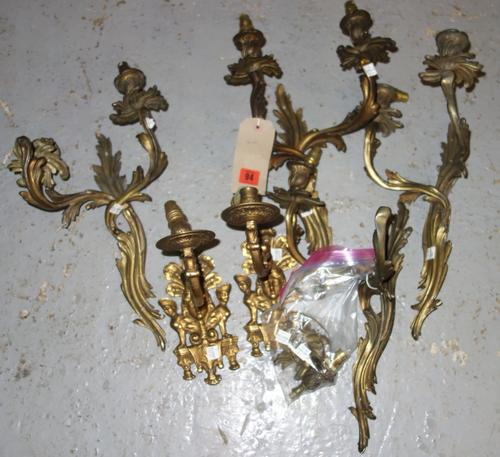 A set of four Louis XV style ormolu two light wall appliques, 40cm high and two others, (6). DISPLAY