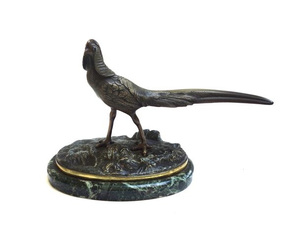 A bronze of a golden pheasant, early 20th century, on a naturalistic oval base and green vein marble plinth, unsigned, 18cm high.