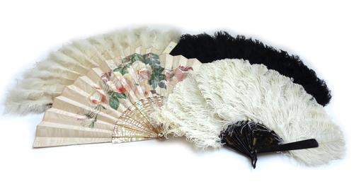 A 19th century painted silk fan by 'FX Albert', detailed with roses and mother of pearl sticks in a box gilt lettered 'Duvelleroy Paris' and three ost