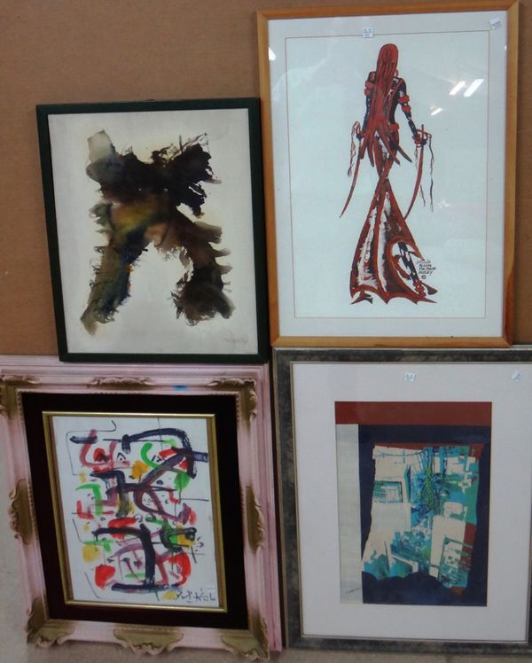 A group of five modern pictures and prints, including works signed Mykuatty, Neeman and Alisom McMilan Ashley, and a photograph of trees by Christophe