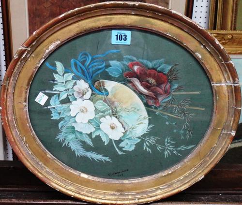 P. Van Loo, Still life of flowers and artists palette, gouache, oval, bears a signature and date.