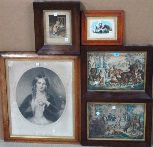 A group of five, including a pair of hand coloured German lithographs of animals, 'The First Letter', lithograph after R.H. Giles, a Baxter print and