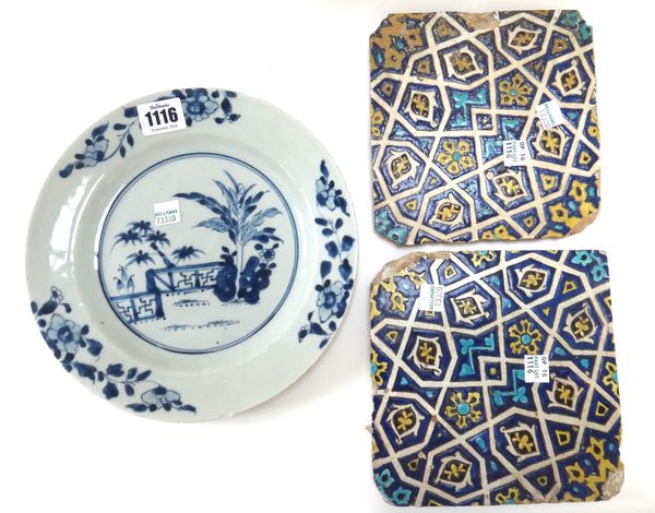Two Iznik tiles of typical design (17cm x 17cm) and an 18th century Chinese blue and white plate (23cm diameter). (3)