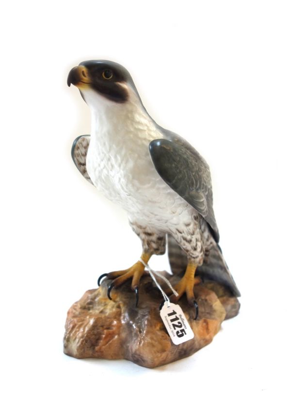 A Royal Crown Derby porcelain Falcon by V. Freestone, 24.5cm high, together with three Royal Crown Derby figures; 'Spring', 'Autumn' and 'Winter', 21c