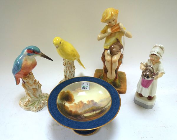 Two Royal Worcester birds; Kingfisher 2666 and Canary 2665, together with two Royal Worcester figures; Peter Pan 3011 and Polly put the kettle on 3303