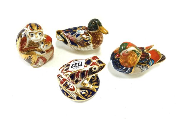 Four Royal Crown Derby Imari porcelain paperweights modelled as animals, comprising; a mandarin duck, a monkey group, a mallard duck and a frog, all w
