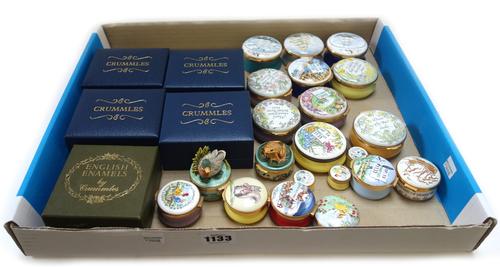 Twenty five Crummels enamel circular boxes, and a Crummels enamel pin cushion. (26)