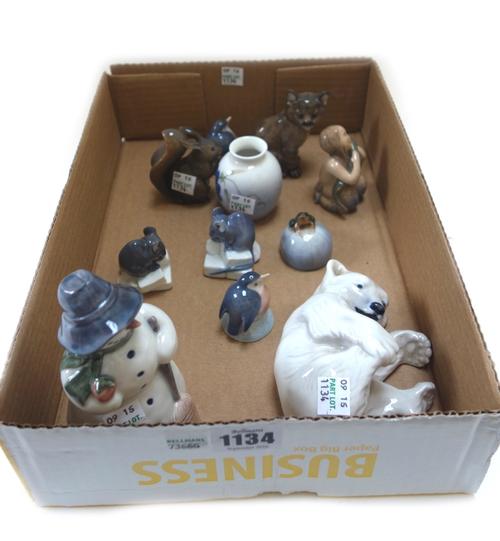 Eleven small Royal Copenhagen porcelain items, including; a snowman 5658, 12cm high, a polar bear cub 729, two robin, two mice, a frog, a vase, a squi