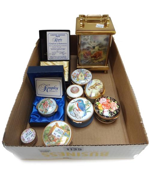 A Kingsley Enamels carriage clock decorated with Highland cattle, 14cm high, together with nine enamel boxes including examples by Crummels, Wedgwood,