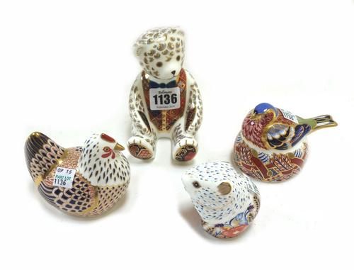 Four Royal Crown Derby imari porcelain paperweights modelled as animals, comprising; a teddy bear, a poppy mouse, a chicken and a chaffinch nesting, a