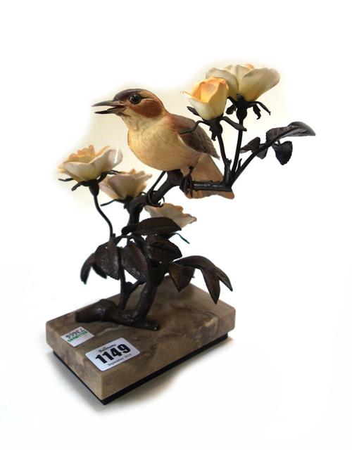 Six Albany China bird subjects; Nightingale, 22cm high, Great Tit, Goldcrest, Pied Flycatcher, Christmas 1992 and Skylark, together with a further bir