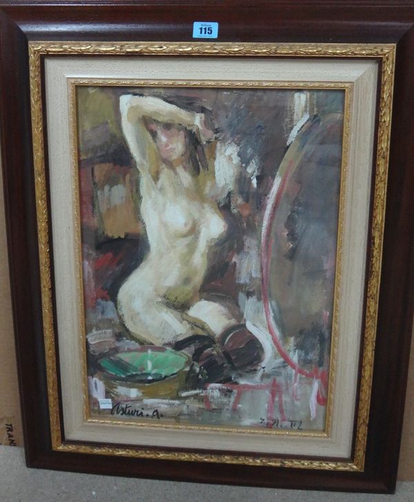 ** Asturia (20th century) Female nude, oil onboard, indistinctly signed.