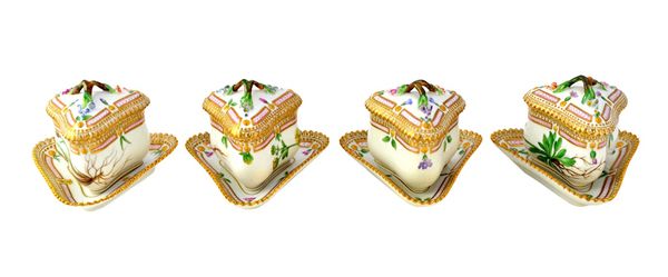 Four Copenhagen Flora Danica triangular custard cups and covers, on matching stands, early 20th century, each pot having a painted botanical study wit
