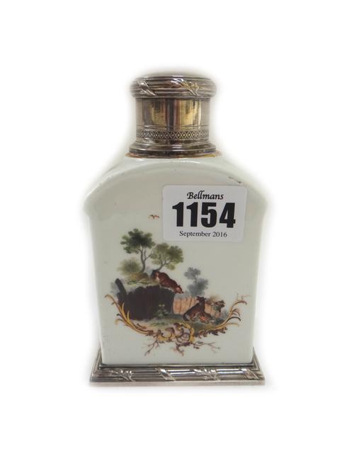 A German porcelain silver-mounted arched rectangular tea caddy, the porcelain probably Meissen, circa 1760, the mounts French, 19th century, painted w
