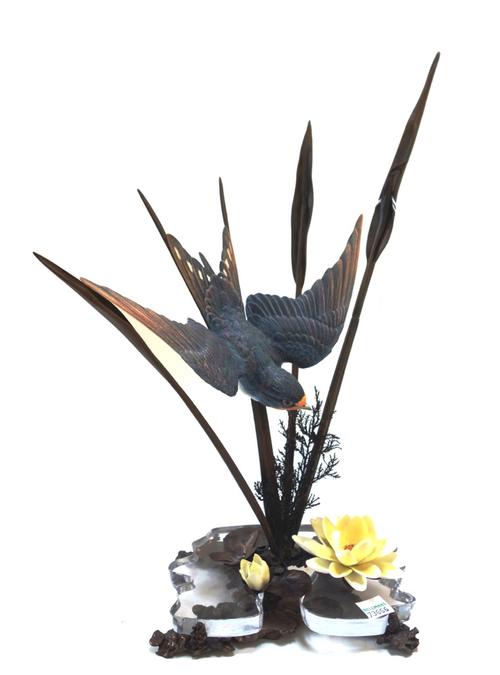 Four Albany porcelain and metal mounted birds, comprising; Kingfisher, 15cm high, Swallow, and two further Kingfishers, 39cm high, together with a Spo