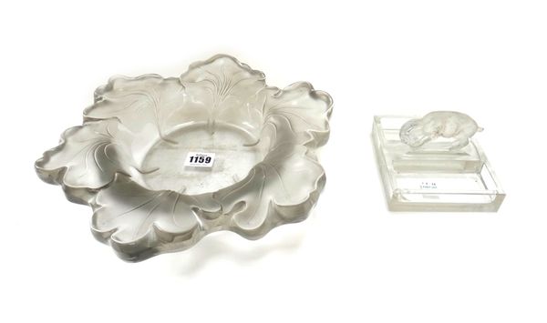A Lalique clear and frosted glass bowl with wide floral moulded border, etched mark 'Lalique France', 31cm wide, and a Lalique twin division dish of r