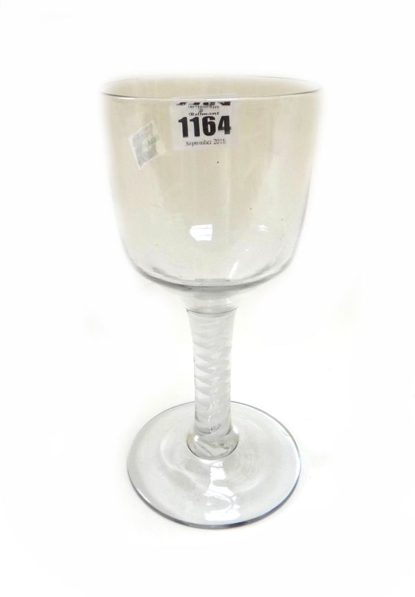 An opaque twist wine goblet, circa 1765, with large ogee bowl and circular foot, 18.5cm high.