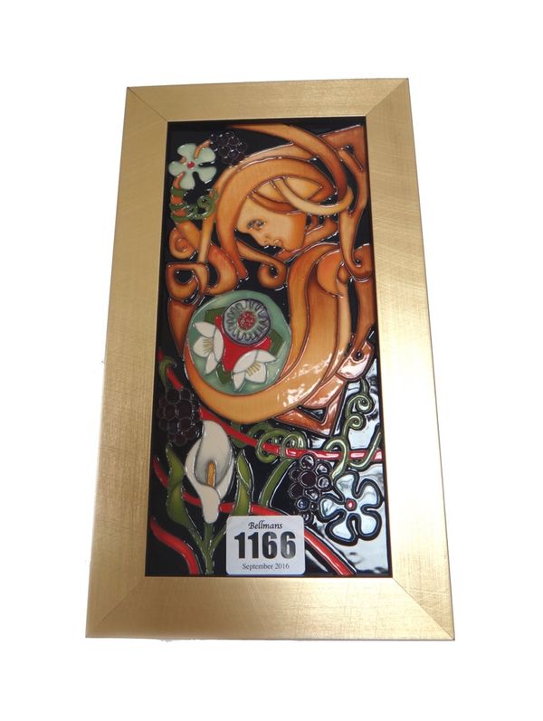 A Moorcroft pottery plaque by Rachel Bishop, dated 2012, tube line decorated in the Art Nouveau manner with a female bust amongst flowers, painted and