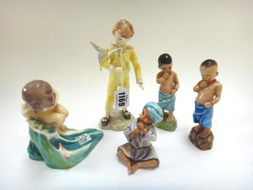 Two Royal Worcester figures of Burmah no.3068, 12.5cm high, and three further figures by Freda Doughty; India 3071, August 3441 and The Parakeet 3087.