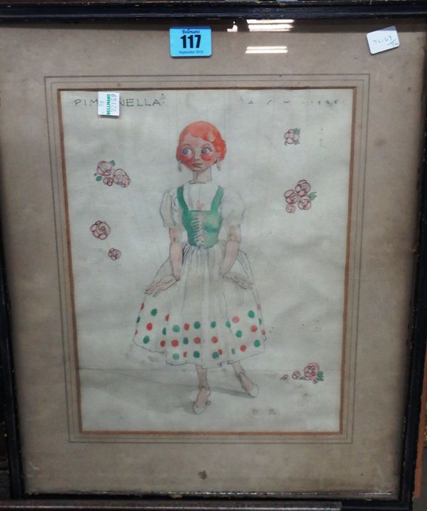 A** W** (20th century), Pimpinella: The Gair Wilkinson Puppet Show, watercolour, signed with initials, inscribed and dated 1928, 30cm x 23cm.