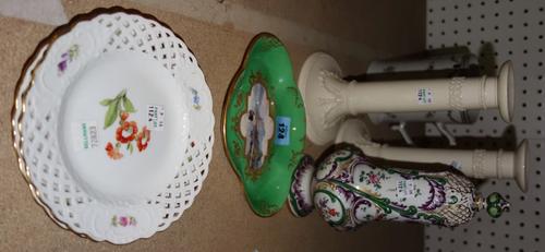 A Royal Crown Derby shaped porcelain green ground dish painted with a lakeland scene by W. Dean, 18cm wide, together with a pair of Wedgwood creamware