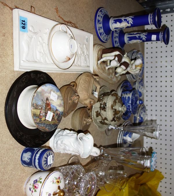 A quantity of ceramics including Jasperware candlesticks, glasses, vases and sundry, (qty).