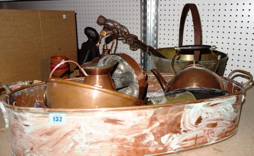 A quantity of copper, brass and metalware collectables, including a spit jar, jardinieres, jelly moulds and sundry, (qty).