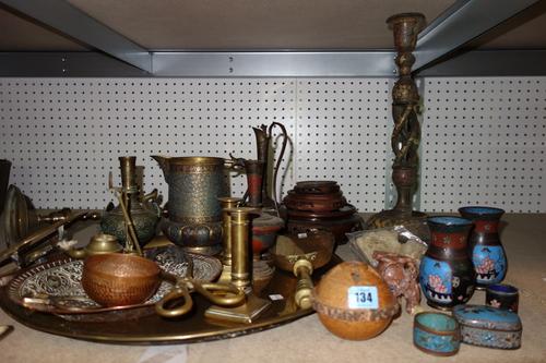 A quantity of metalware and Oriental collectables including copper and plate, cloisonne vases, hardwood stands, candlesticks and sundry, (qty).