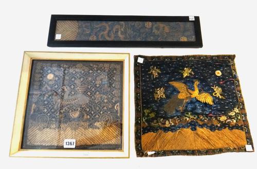 Two Chinese embroidered  rank badges, late 19th/20th , one depicting a peacock, the other with a silver pheasant, each above breaking waves, (a.f), la