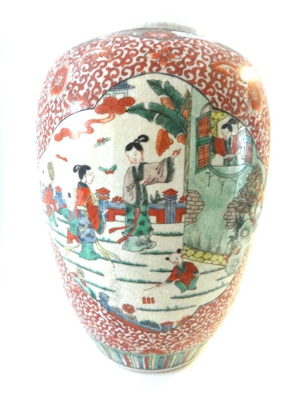 A Chinese famille-verte crackle glazed ovoid vase, late 19th century, painted with figurative panels against a ground filled with iron-red lotus meand