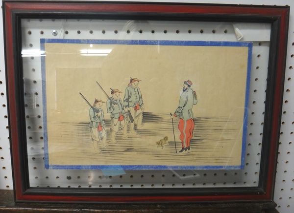 Twenty three Chinese watercolours, late 19th century, painted with figures in interiors or landscapes, within later blue painted borders float mounted