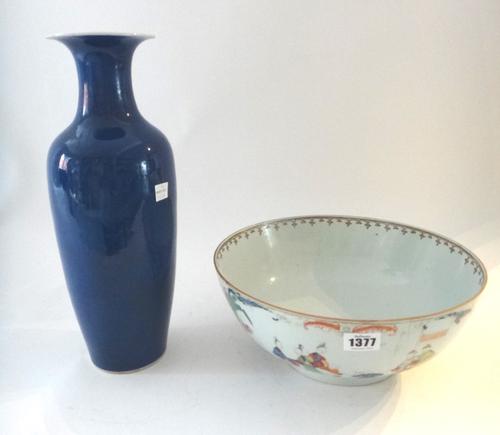A Chinese famille-rose bowl, Qianlong, the exterior painted with two figurative panels, (a.f), 29.5cm.diameter; and a Chinese powder blue ground slend
